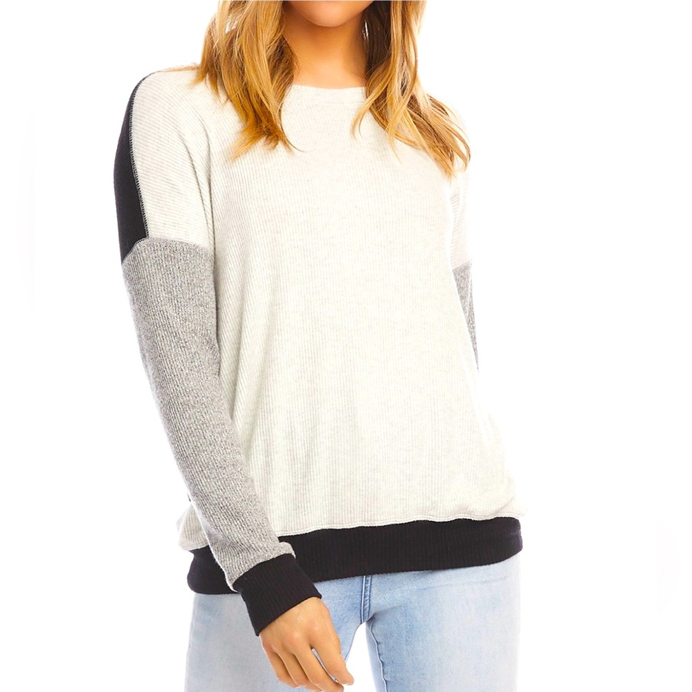 KAREN KANE Ribbed Color Blocked Top Lt grey dark grey black size medium